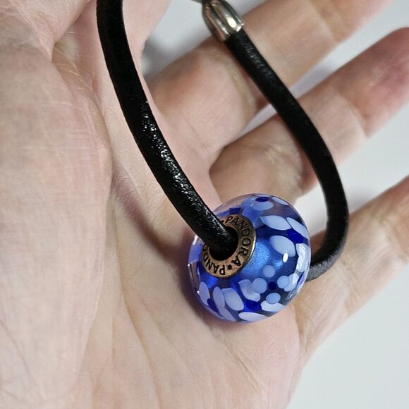 **Sale** Pandora Black Cord Bracelet W/ Large Blue Flowered Murano Glass Bead 7" - Picture 4 of 16